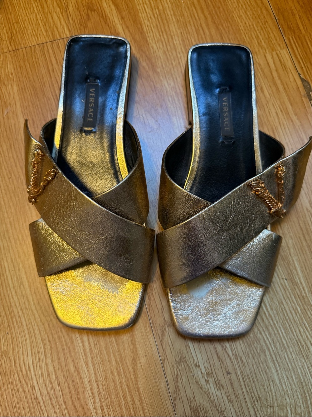 Versace Metallic Gold Crossover Slide Mules with Medusa Accent